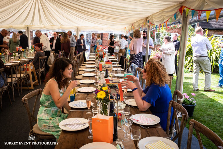 Garden party celebration - documentary wedding photographer in Surrey
